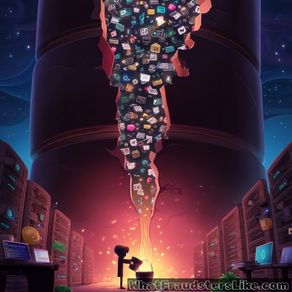 A tiny, shadowy figure stands amidst rows of server racks, collecting a torrent of small, multicolored digital icons pouring down from a massive, broken pipe or column above, glowing with an orange light.